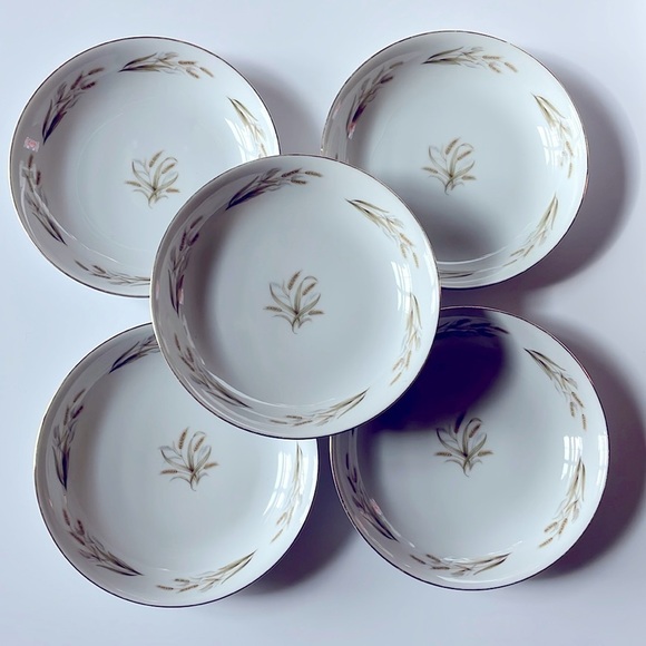 Mid-Century Fine China Porcelain Soup Bowls Japan Wheat Pattern 9046 Tan Golden - Picture 1 of 11